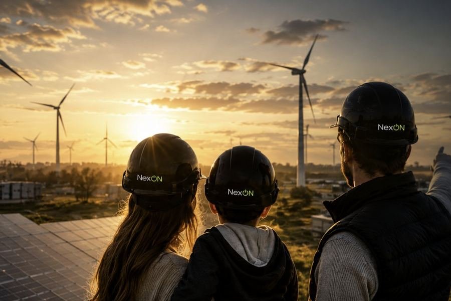 Familie kijkt naar windpark bij zonsondergang - de energietransitie